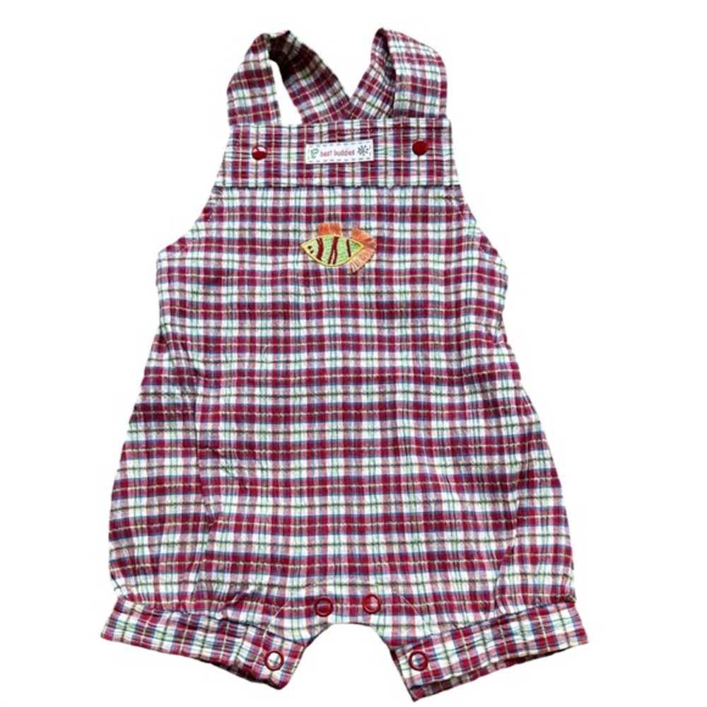 Vintage Best Buddies Plaid Shortall Romper Embroidered Fishing Summer Fall 0-3M
